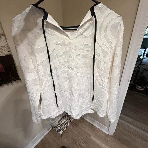 Loft White Textured blouse with Black Drawstrings - Picture 1 of 3